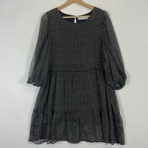 Self Contrast Black Beige Dot Chiffon Blouson Long Sleeve‎ Dress Womens Large